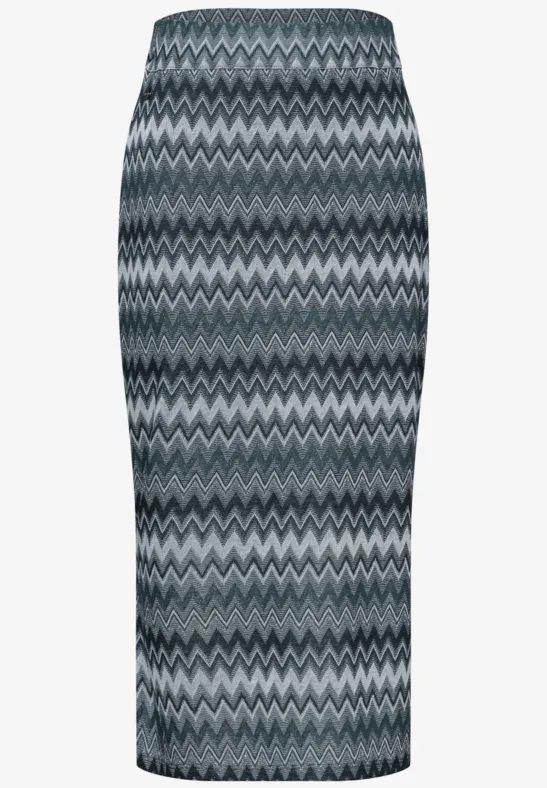 Taillerok in midi-lengte met grijs zigzagpatroon.