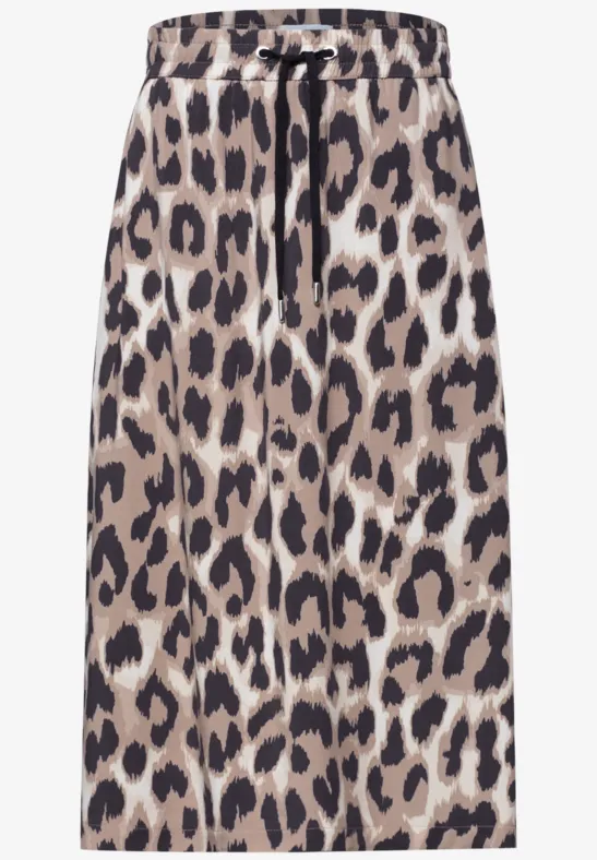 Knie-lange rok met luipaardprint, elastische taille en koord.