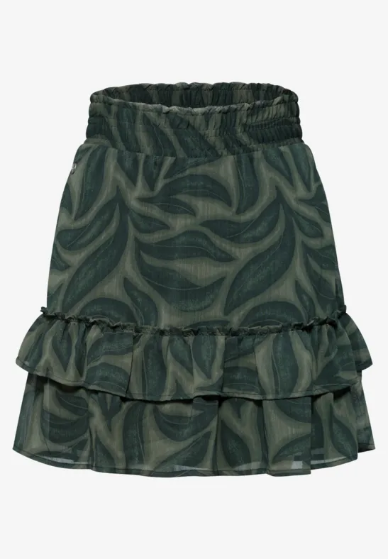 Grüner, kurz geschnittener Rock mit Blattmuster und zweistufigem Volant, elastischem Bund.
