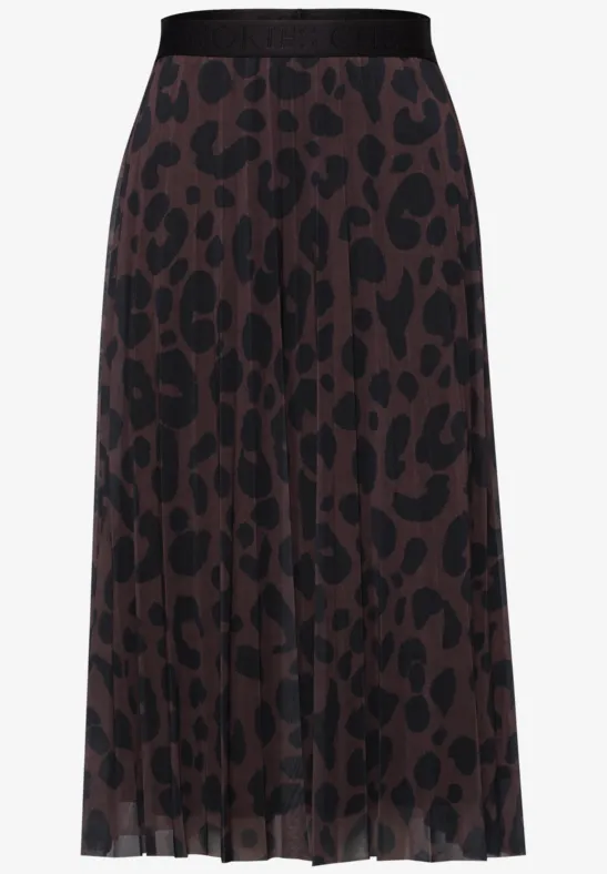 Plissé midirok in bruin-zwarte luipaardprint met elastische tailleband.