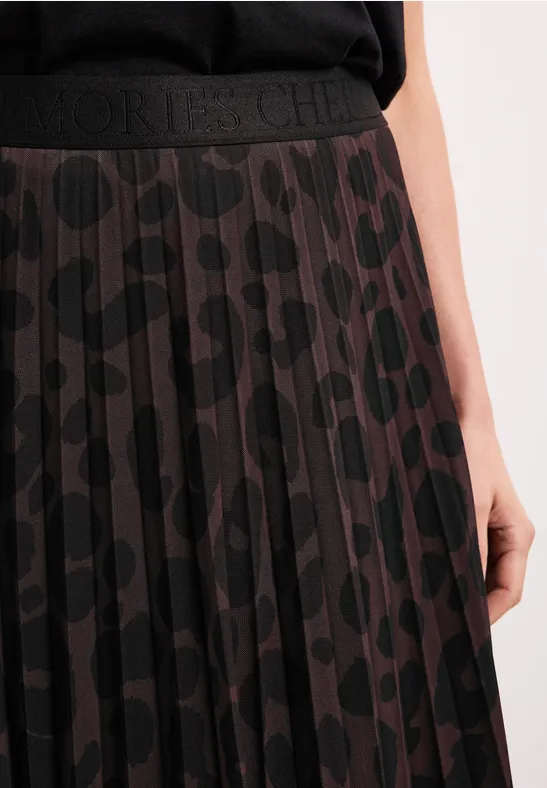 Bruine plissé midi-rok met zwarte stippen en elastische taille.