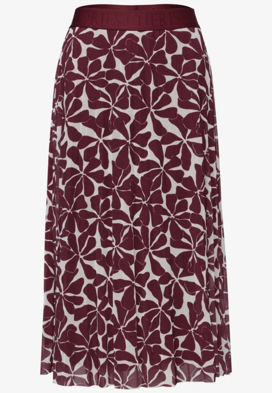 Bordeauxrode geplooide midirok met wit bloemenpatroon.