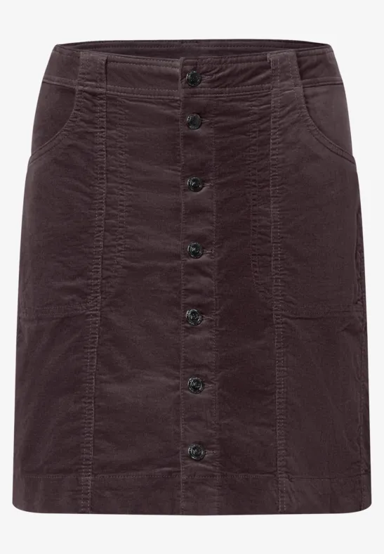 Donkerbruine corduroy mini-rok met knopenrij voor, steekzakken en ceintuurlussen.