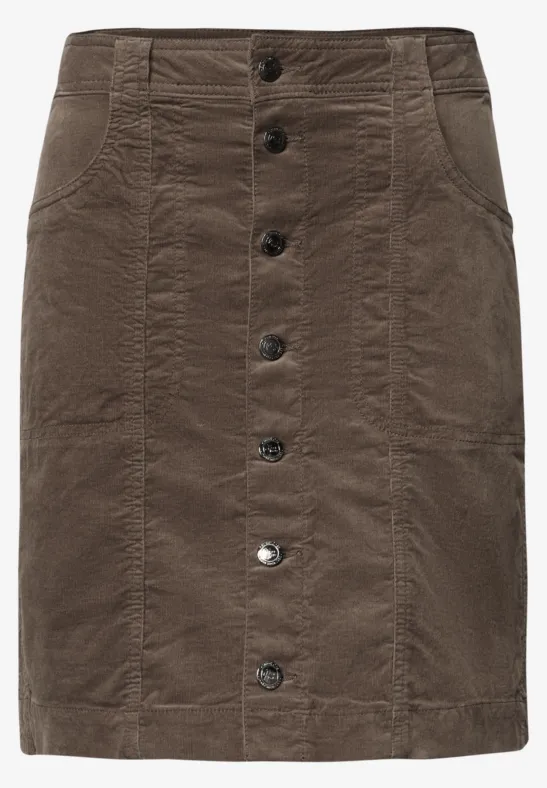 Bruine corduroy rok met knoopsluiting voor, knielengte en steekzakken aan de zijkant.