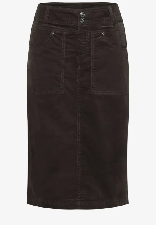 Jupe midi en velours côtelé foncé, taille haute, deux poches plaquées et fermeture à boutons.