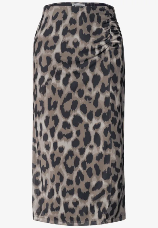 Elegante midirok met luipaardprint, hoge taille, slanke pasvorm met zijdrapering.