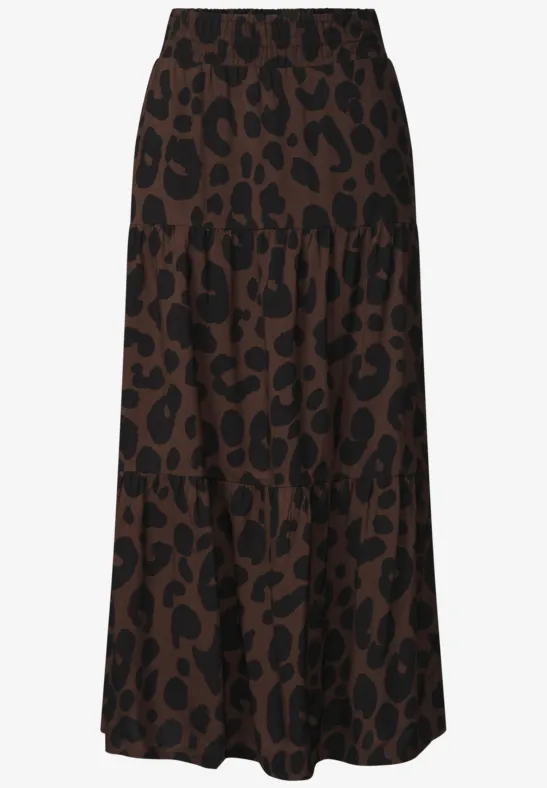 Brauner Midirock mit schwarzem Leopardenmuster,stufenförmig,elastischer Bund.