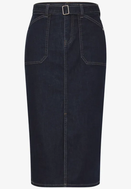 Dunkelblauer, knielanger Jeans-Bleistiftrock mit hoher Taille und aufgesetzten Fronttaschen.