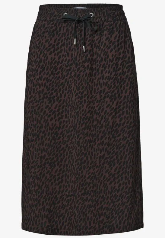 Jupe midi marron à imprimé léopard noir, taille élastique avec cordon.