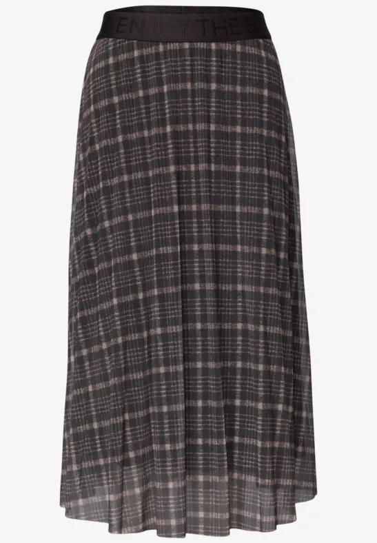 Midirok met grijs ruitpatroon, geplooid met elastische tailleband.