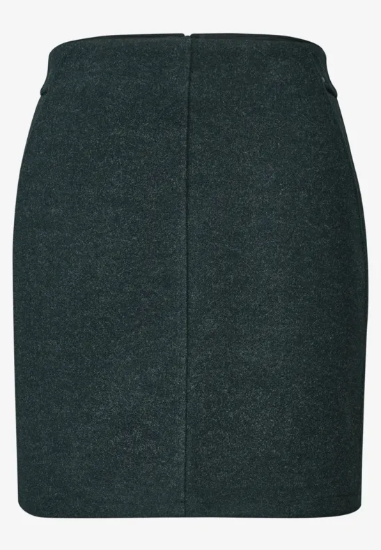 Dunkler, schlichter Mini-Bleistiftrock aus Wollstoff, enger Schnitt, minimalistisches Design