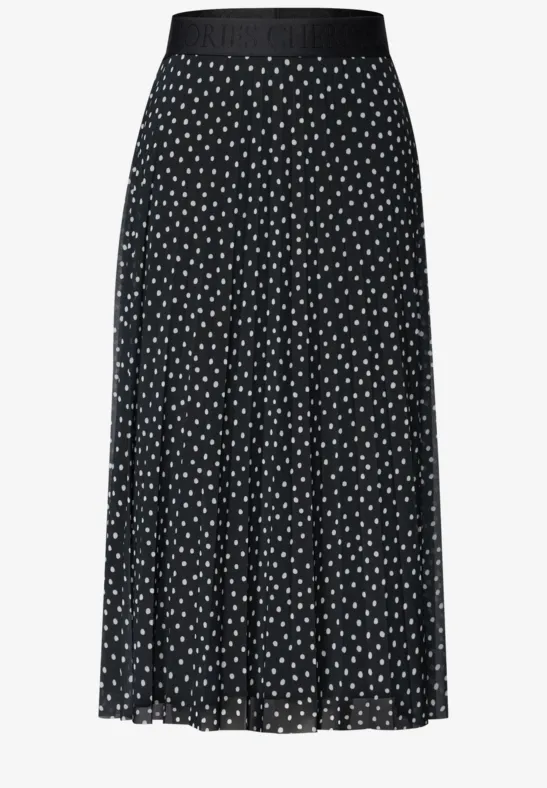 Schwarzer plissierter Midirock mit weißen Polka-Dots und elastischem Bund.