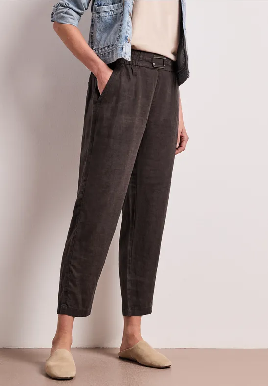 Slim Leg Hose aus Leinen mit Schnalle espresso brown