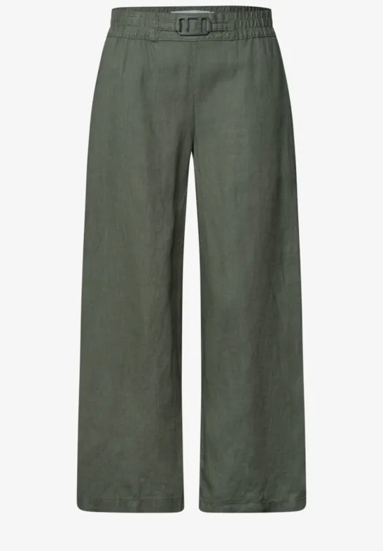 Wijde linnen broek in olijfgroen met hoge taille en D-ring ceintuur.