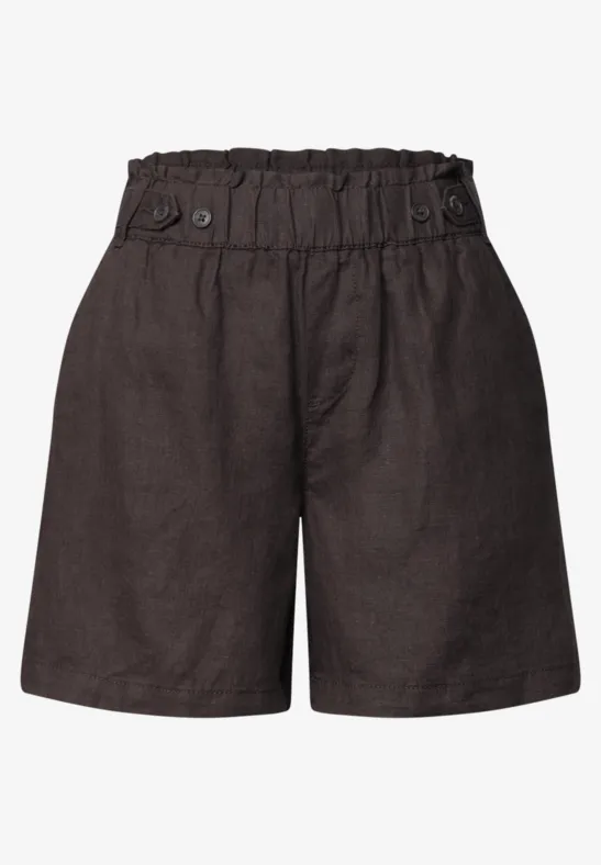 Schwarze, hochgeschnittene Leinen-Shorts mit elastischem Bund und Knopfdetails.