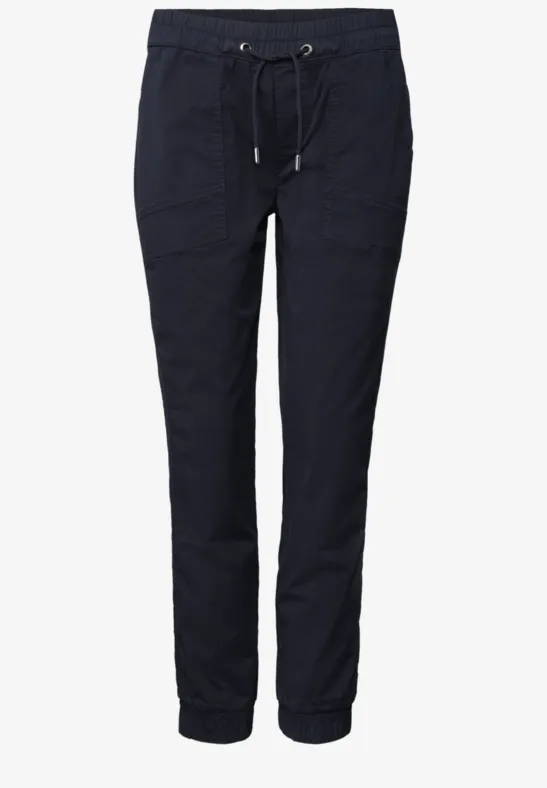 Dunkelblaue, slim-fit Hose mit Tunnelzugbund und elastischen Bündchen.
