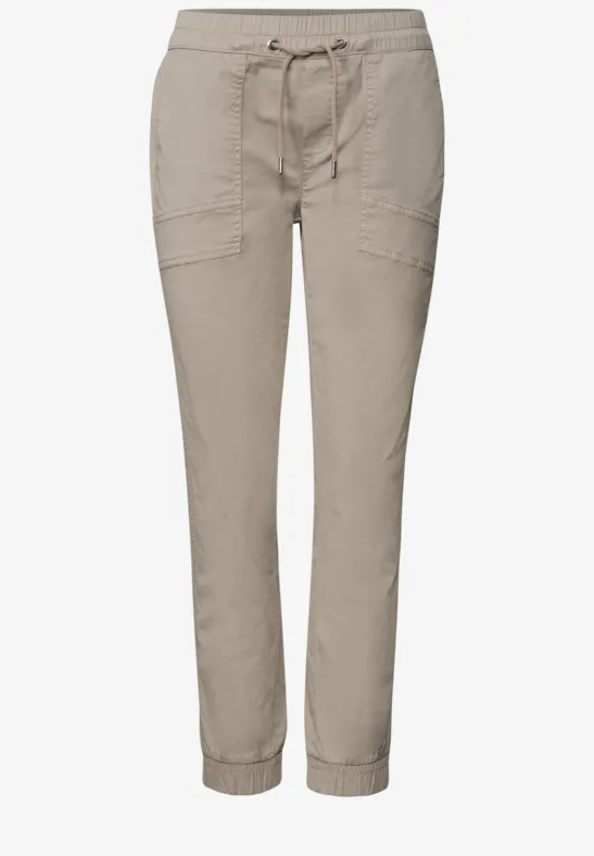 Beige cargobroek voor dames met aantrekkoord, zakken en elastische enkels