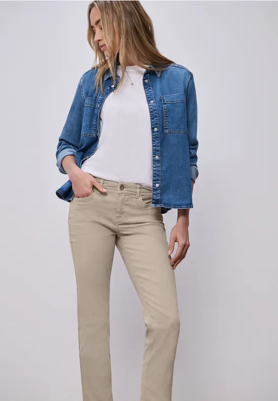 Mid Waist Straight Leg Jeans dans le Slim Fit Beige Washed