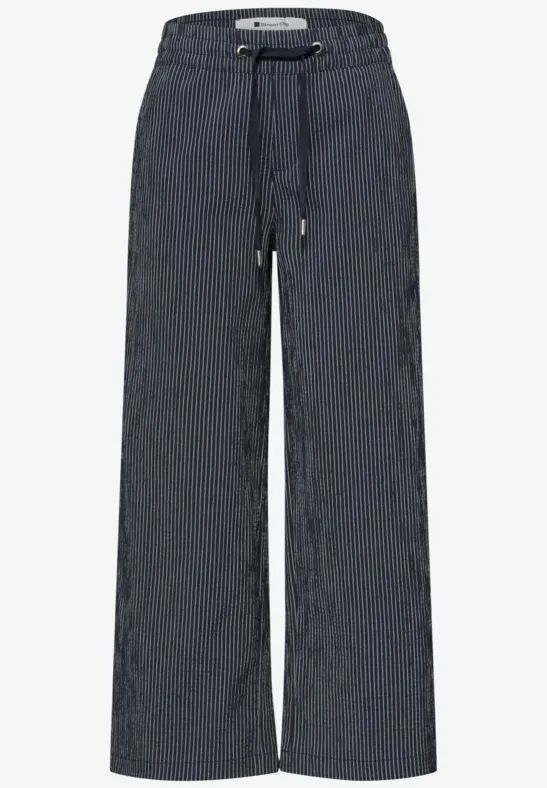 Wijd, donkergrijs broek met koordsluiting en losse pasvorm.