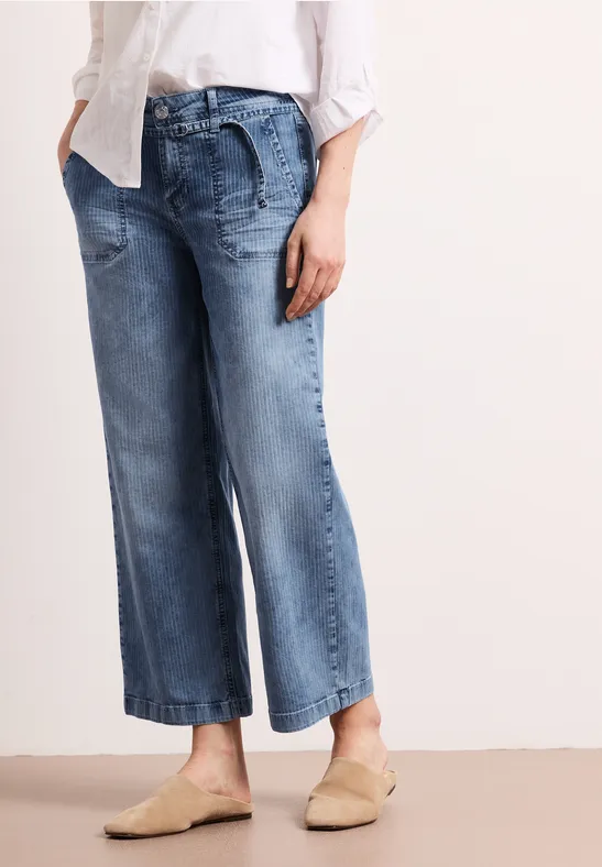 Mid Waist Wide Leg Jeans mit Streifen mid blue striped wash