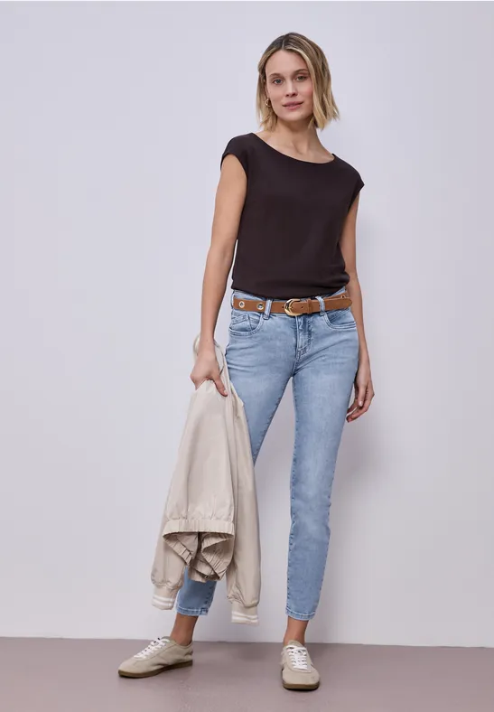 Jeansy z wąską nogawką o kroju Slim Fit i długości Mid Waist light blue random wash