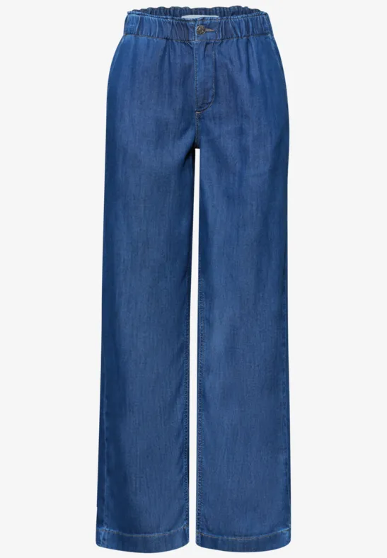 Blauwe wijde spijkerbroek met elastische taille en rechte pijpen.