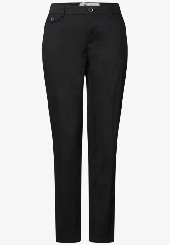 Schwarze, gerade geschnittene Hose mit Knopf- und Reißverschluss