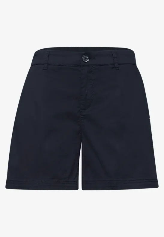 Dunkelblaue, knielange Chino-Shorts mit Knopfverschluss und Gürtelschlaufen, schlicht und vielseitig kombinierbar.