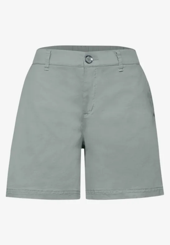 Grijsgroene short met knoop- en ritssluiting, ceintuurlussen en rechte pasvorm tot boven de knie