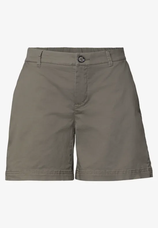Khaki-farbene Damen-Shorts aus leichtem Stoff mit Knopfverschluss und seitlichen Taschen.