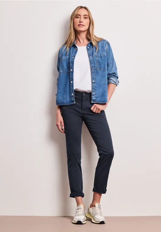 Mid Waist Slim Leg Hose im Satin-Look shadowed navy