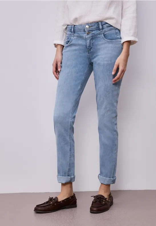 Mid Waist Slim Leg Jeans avec turn-up light blue random wash