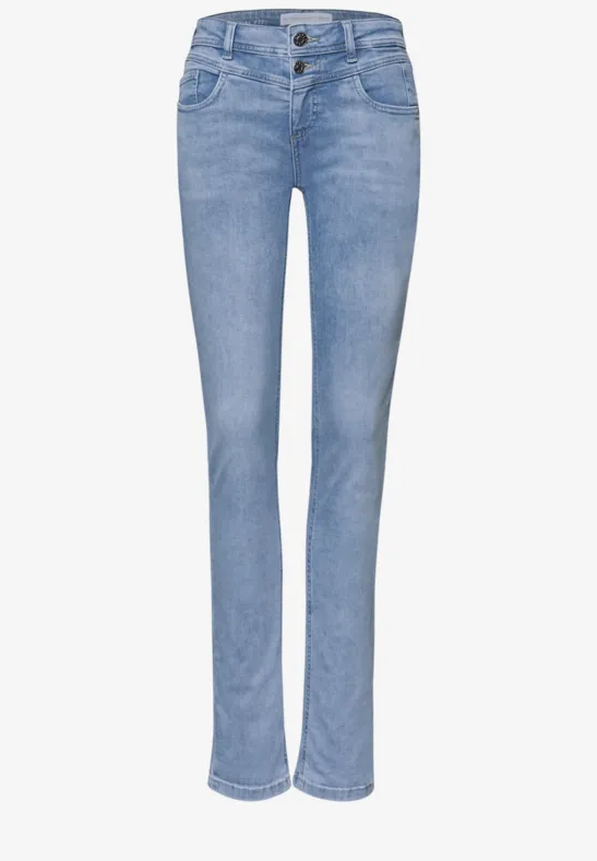 Mid Waist Slim Leg Jeans avec turn-up light blue random wash