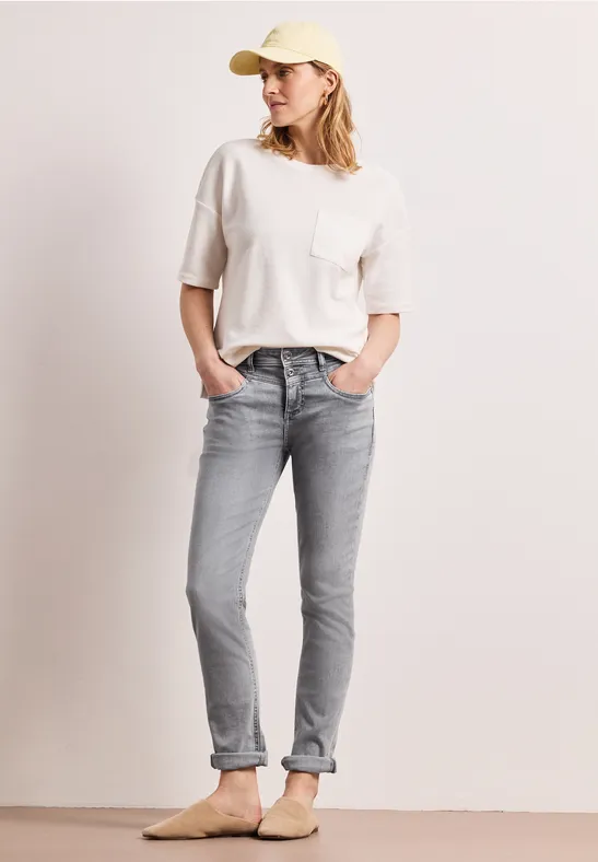 Mid Waist Slim Leg Jeans mit Turn-Up light grey random wash