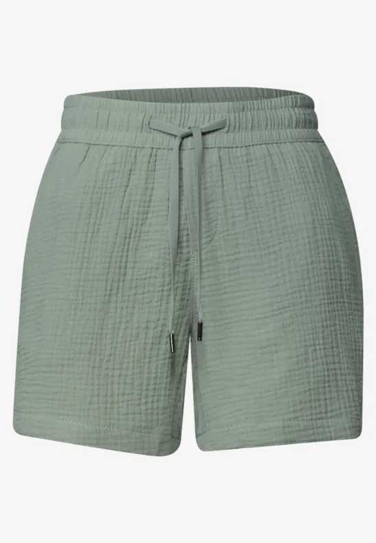 Leichte, grün-graue Shorts aus Baumwollgaze mit elastischem Bund und Kordelzug.