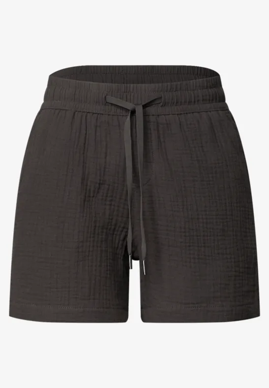 Lockere, schwarze Baumwoll-Shorts mit elastischem Bund und Kordelzug.