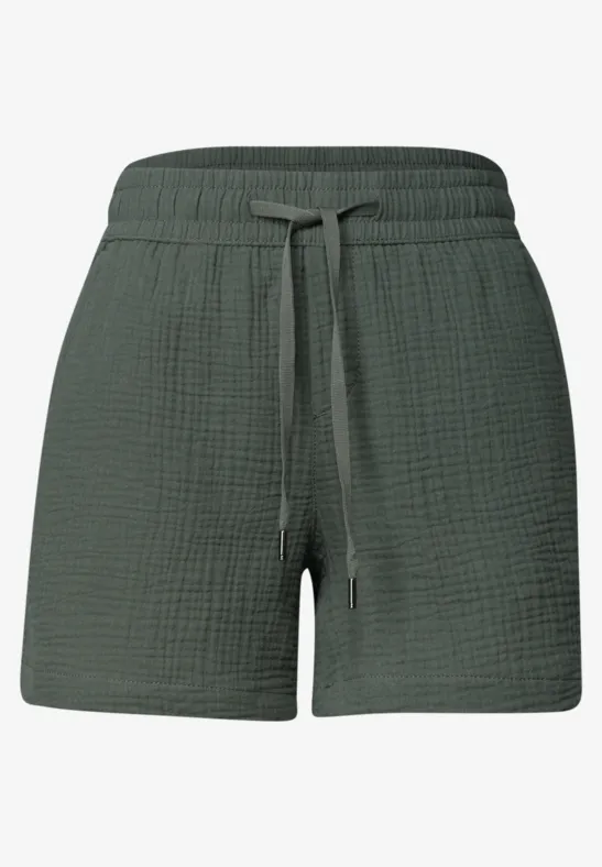 Dunkelgrüne, leicht strukturierte Shorts mit elastischem Bund und Tunnelzug