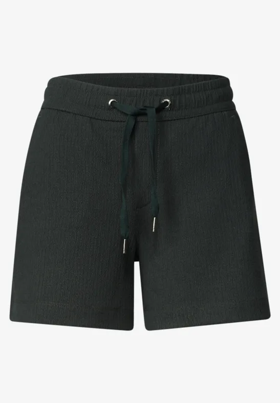 Schwarze, lässige Shorts aus weichem Stoff mit elastischem Bund und Kordelzug.