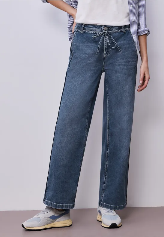 Wide Legs jeans met riemdetail authentic mid blue washed