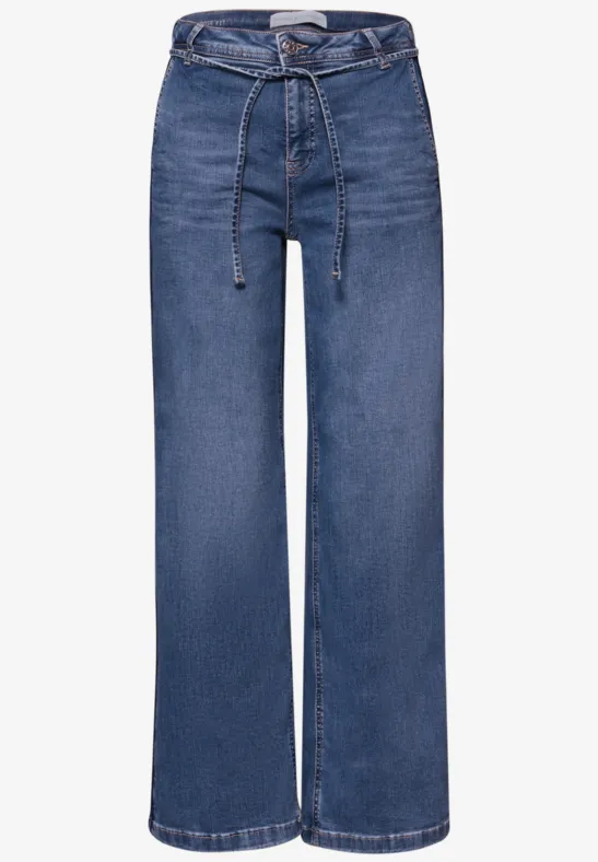 Wide Legs jeans met riemdetail authentic mid blue washed
