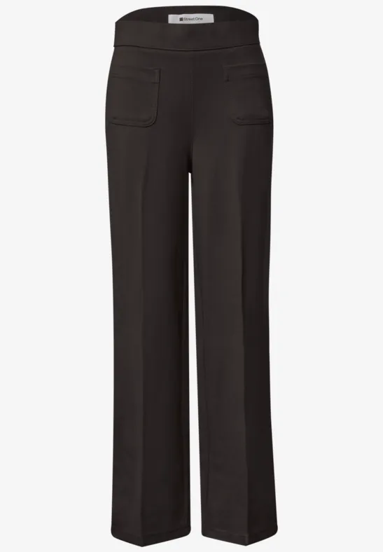 Schwarze lockere Damenhose mit geradem Bein und aufgesetzten Taschen