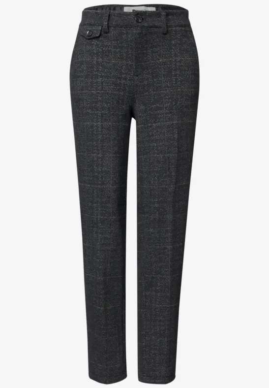 Elegante, dunkelgraue Damenhose mit feinem Karo, geradem Bein und schmaler Passform.