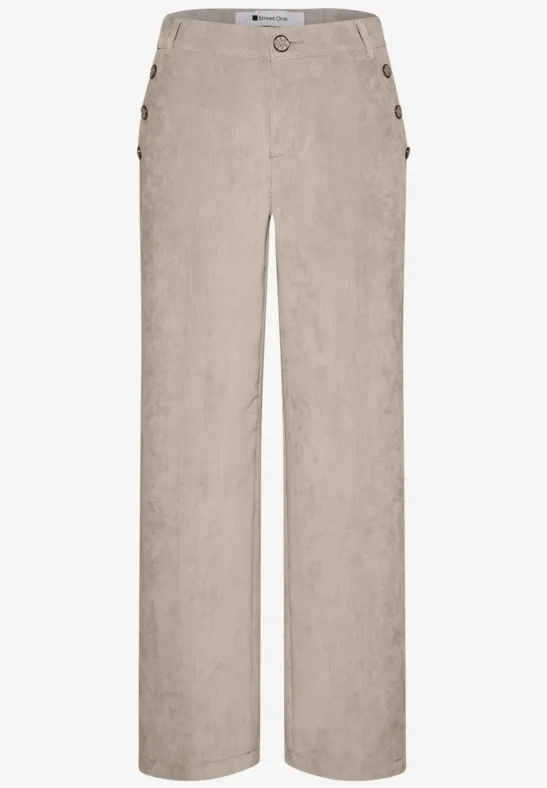 Beige, gerade geschnittene Hose mit seitlichen Knöpfen und hohem Bund.