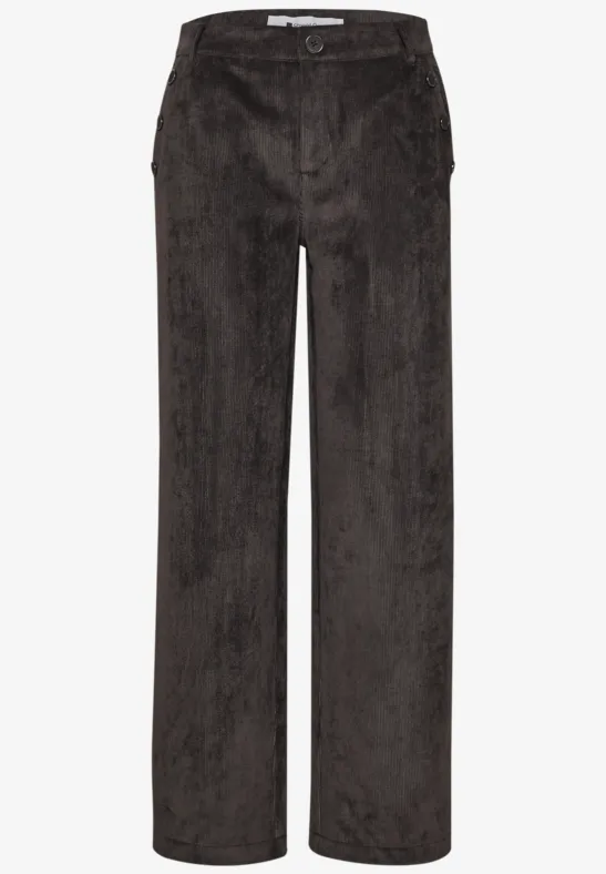 Weite, dunkelgraue Hose mit weitem Bein und dezenter Struktur.