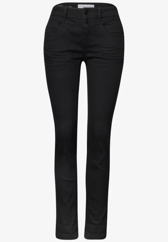 Schwarze Jeans-Hose in Slim-Fit mit Gürtelschlaufen, fünf Taschen und geradem Bein