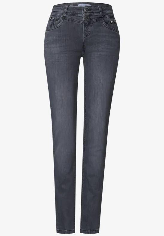 Dunkelgraue Damenjeans mit geradem Schnitt und hohem Bund