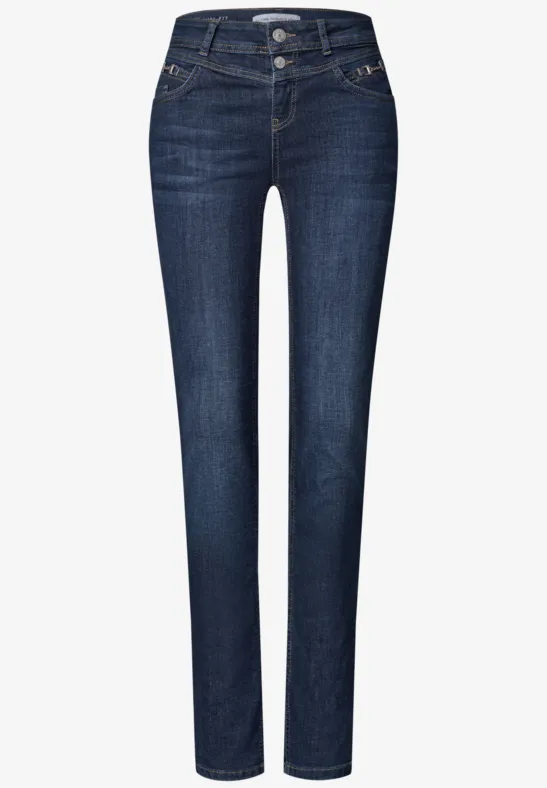 Dunkelblaue Damenjeans mit geradem Schnitt und klassischem Five-Pocket-Design