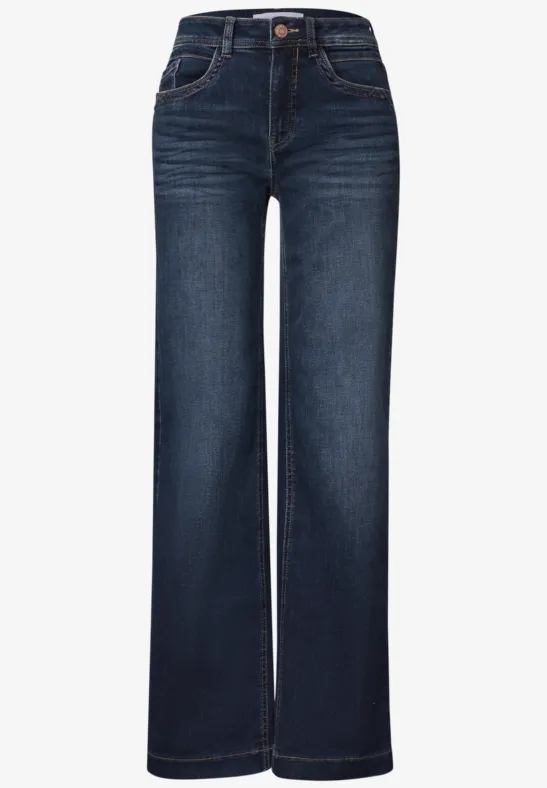 Dunkelblaue High-Waist-Jeans mit weitem Bein und klassischer 5-Taschen-Form.