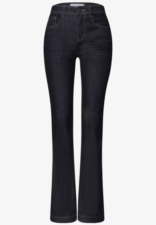 Dunkelblaue Damen-Jeans mit hohem Bund und leicht ausgestelltem Bein, klassische Five-Pocket-Optik.