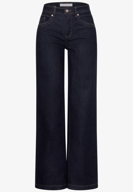 Dunkelblaue High-Waist-Jeans mit weitem Bein, Five-Pocket-Stil, hoher Bund, schlicht und modern.